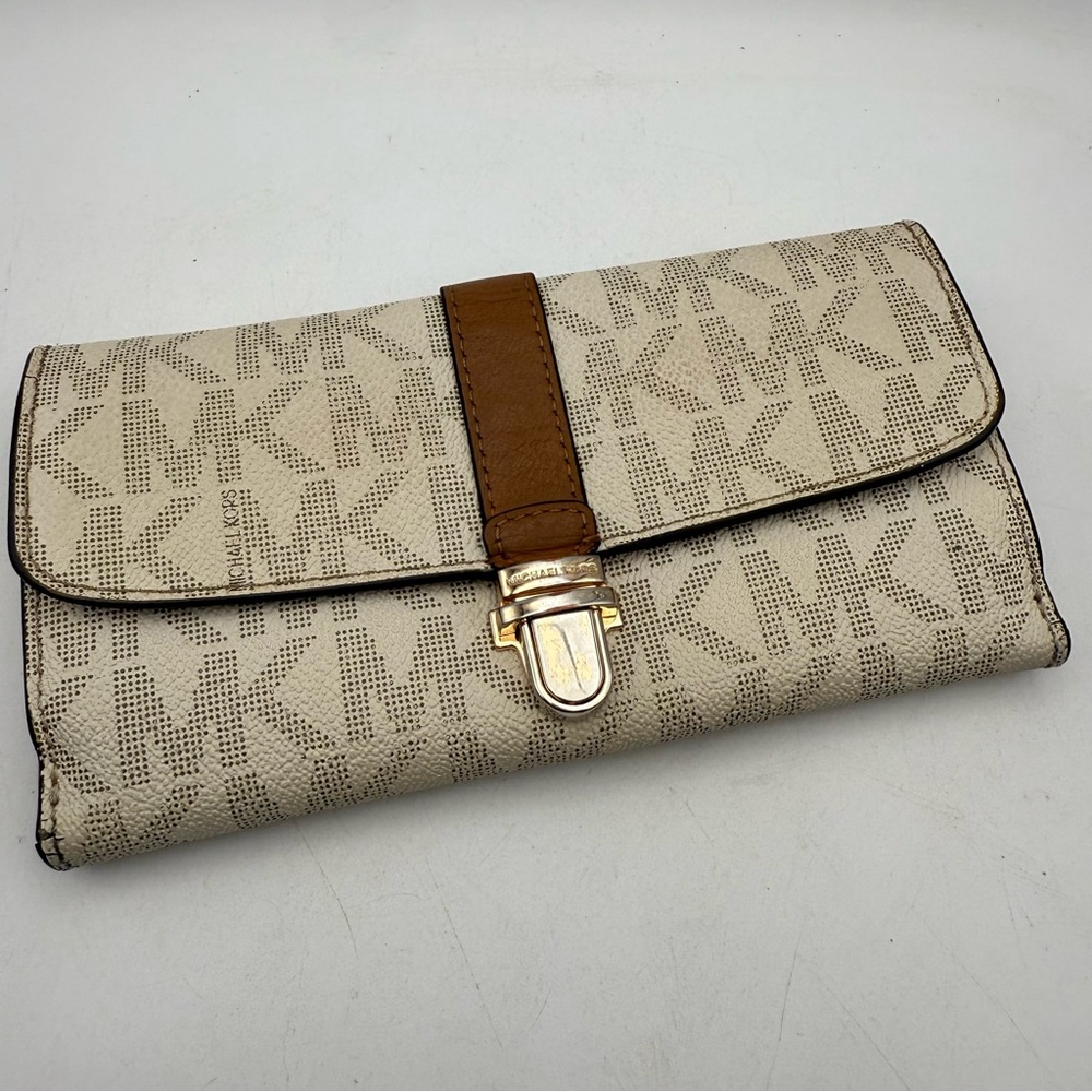 Michael Kors Charlton Beige Leather Flip Wallet with Brown and Gold